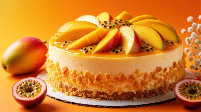 Whole tropical cake topped with fresh mango slices, passionfruit seeds sits on orange background. Crumbled crust surrounds creamy dessert garnished with fruit. Refreshing treat perfect for summer