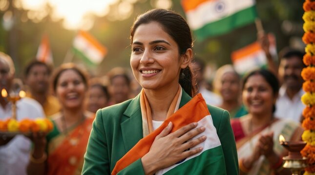 Indian woman smiling during independence day celebration, proud citizen holding national flag of india on august 15 holiday, cheerful people gathered in outdoor park background.