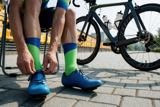 Athlete ties blue cycling shoe near carbon race bike ready for competition. Muscular legs wear green blue socks. Rider prepares for intense road cycling race.
