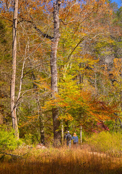 Couple on an autumn hike at Natural Bridge State Park, Virginia, USA