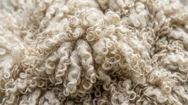 Close-up Macro Shot of Natural Curly Wool Fibers in Earthy Tones.