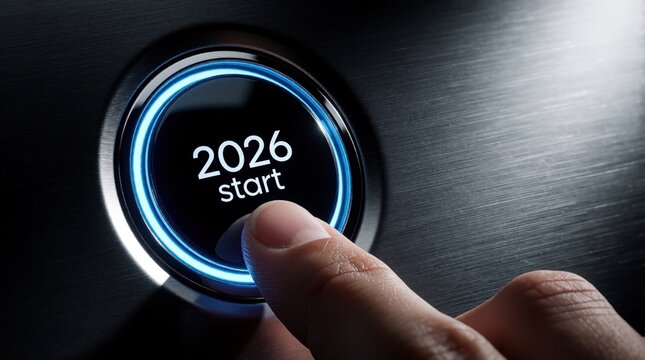 Finger presses glowing start button displaying 2026. New year countdown begins on dark brushed metal surface. Future forward motion and innovation concept.