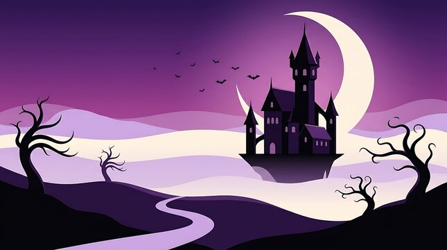 A spooky castle floats on an island under a giant moon with bats flying in the eerie purple sky. The surrounding landscape is mysterious and desolate, with bare, twisted trees lining a winding path