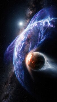 Magnetosphere shielding a rocky planet, powerful geomagnetic dynamo generating an invisible protective cocoon, deflecting lethal radioactive solar wind in deep outer space.
