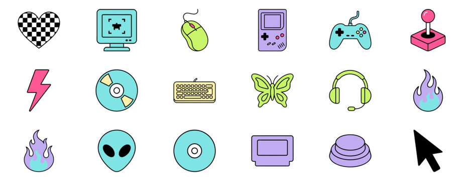 Set of colorful retro pixel art icons featuring gaming gadgets and cute digital aesthetic elements