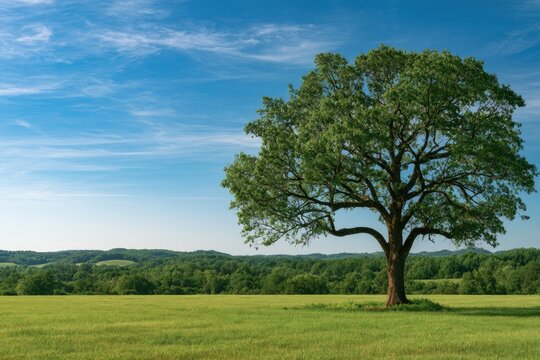 A solitary, majestic tree stands tall in a vibrant green meadow under a clear blue sky