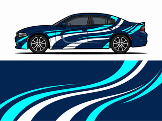 Naklejka premium Blue sports car with dynamic wave design illustration