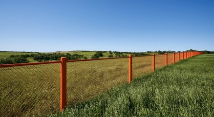 Fototapeta premium Orange-posted fence divides vibrant green fields under a vast, clear blue sky
