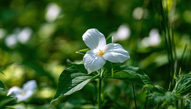 Delicate white three-petaled wildflower centered among lush green leaves