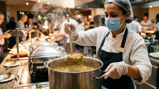Female chef in mask and gloves serving hot soup at a buffet line in restaurant.