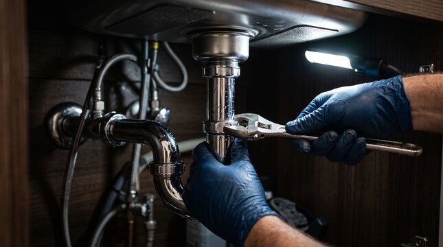 Plumber in blue gloves using adjustable pipe wrench tool to tighten kitchen sink drain pipe trap assembly underneath
