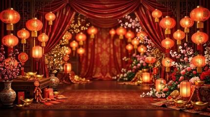 Fototapeta premium Elegant Chinese New Year Celebration Stage with Red Lanterns and Floral Decorations.