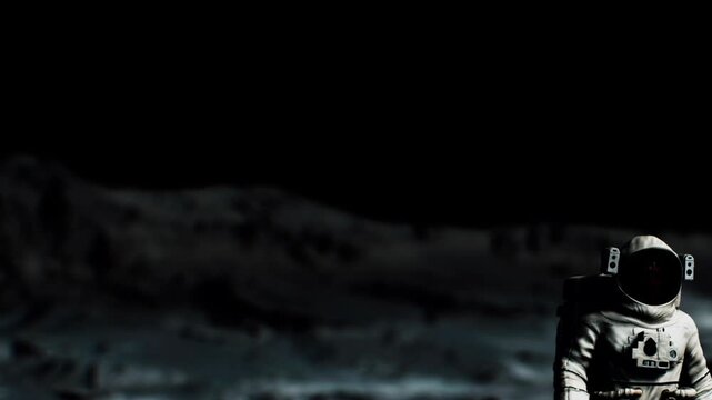 An astronaut stands on the lunar surface under a dark sky. The figure is wearing a space suit and looking around the moons landscape. The scene captures the vastness of space and the moons surface.