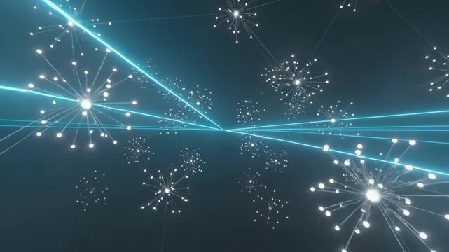 Futuristic sci-fi cyber space with cyan laser lines slicing through volumetric haze.