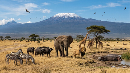 Obraz premium African Wildlife Panorama with Elephant, Lion, Zebra, and Giraffe under Mount Kilimanjaro, Tanzania