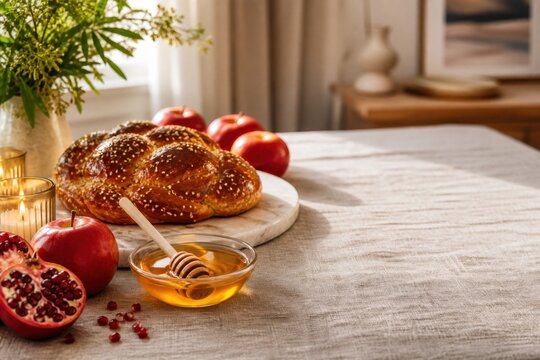 Rosh Hashanah table with apples, honey, pomegranate and round challah in warm light for Jewish holiday food and hospitality campaigns