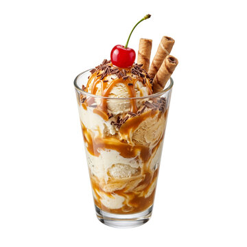 Caramel Ice Cream Sundae with Cherry Isolated on Transparent Background
