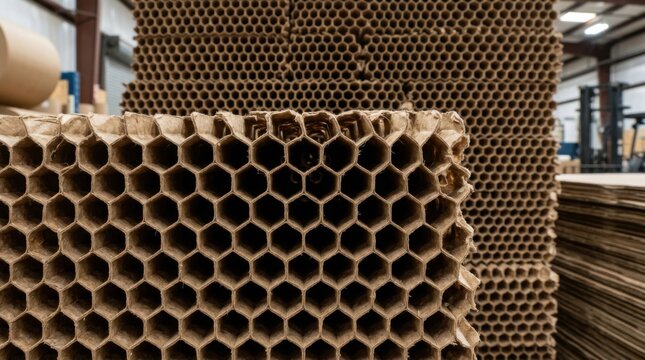 Honeycomb Cardboard Material Stacked in Warehouse.