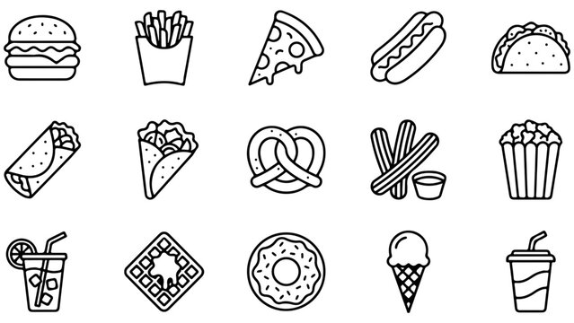 Set of black and white fast food icons including burger pizza taco and snacks for menu design