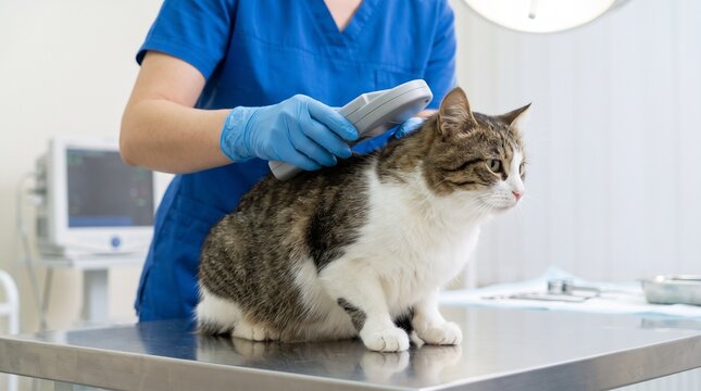 Veterinarian scanning a cat with a microchip reader. Vet checking pet health at clinic.