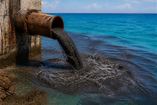 Rusty pipe releasing dark effluent into blue ocean water