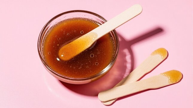 Sugaring paste in glass bowl on pink background. Wooden spatulas with honey liquid for hair removal. Pro depilation treatment for skin care in beauty salon home spa. Smooth skin epilation procedure