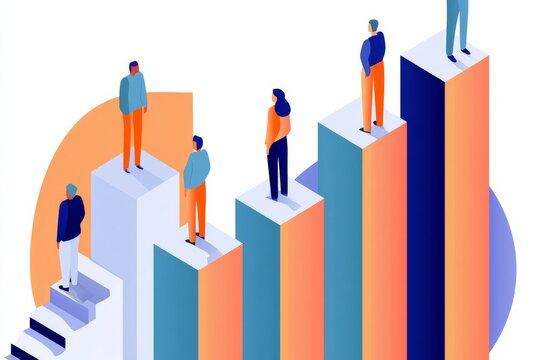 People standing on bar graphs in a business setting showing growth and achievement