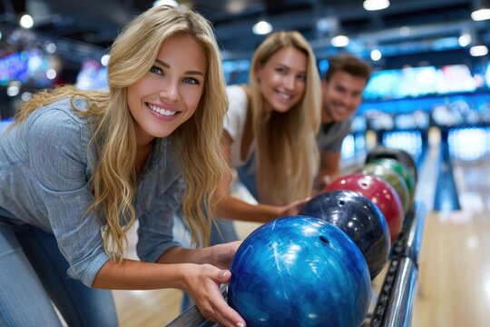 Friends enjoy bowling together at a lively alley during an evening outing