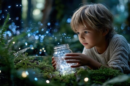 Child explores glowing jar in enchanting forest filled with fairy lights during twilight