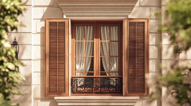 Classic wooden window with louvered shutters and wrought iron railing on a stone facade. Architectural detail for.