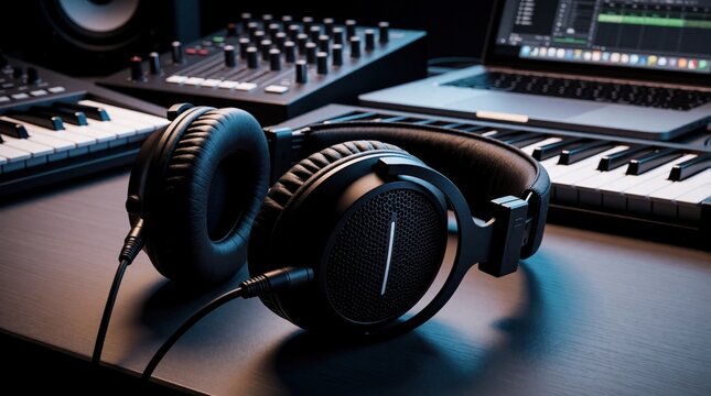 Professional studio headphones rest on a desk with music production equipment. Keyboard, mixer, laptop and audio gear create a modern home recording setup. Sound engineer works on song.
