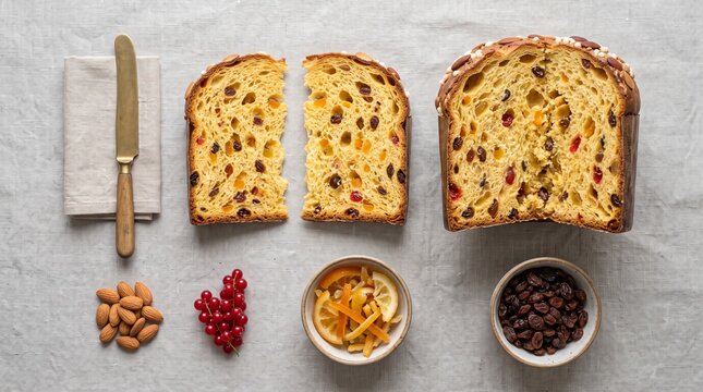 Sliced fruitcake with nuts dried fruits and chocolate chips on a gray background