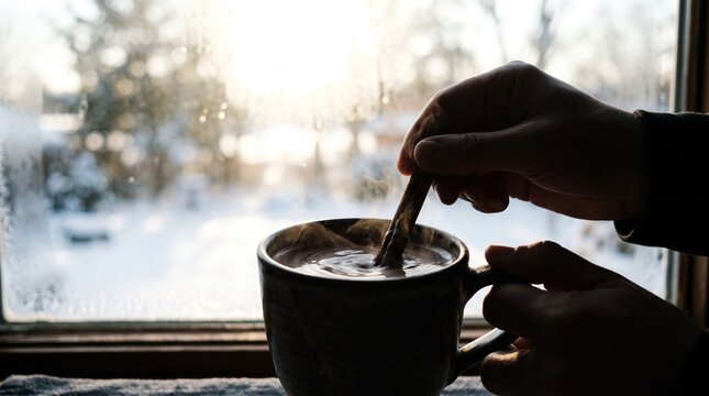 Person stirring hot beverage in mug while sitting by window with winter scenery outside