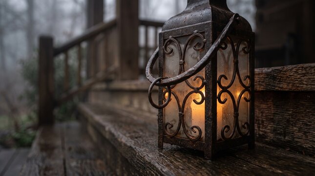 Vintage lantern with warm glow on rustic wooden stairs in outdoor setting