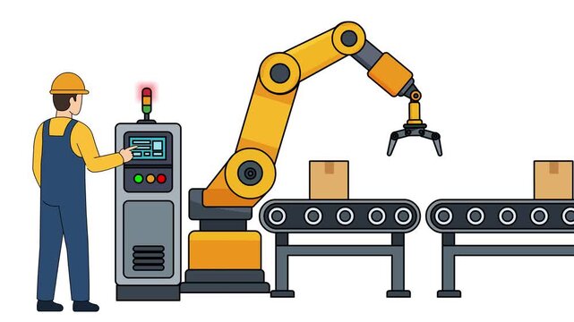Industrial Robotic Arm Operating Automated Conveyor Production Line