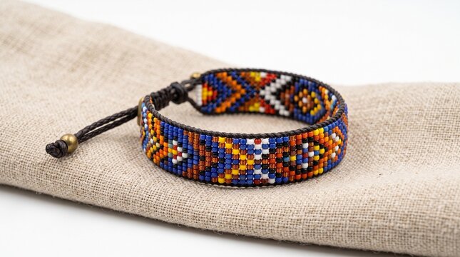 Colorful beaded bracelet with intricate geometric patterns on a beige fabric surface