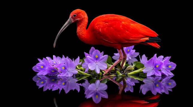Scarlet ibis perches gracefully among blooming purple water hyacinth flowers on a calm black reflective surface, highlighting its vibrant red color.