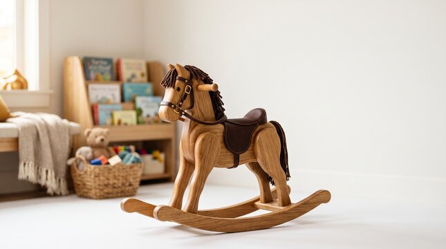 Wooden rocking horse toy with saddle and mane in a cozy childrens playroom