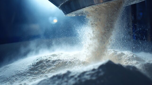 Flour pouring from a large industrial sifter into a storage bin. Food supply concept for commercial production.