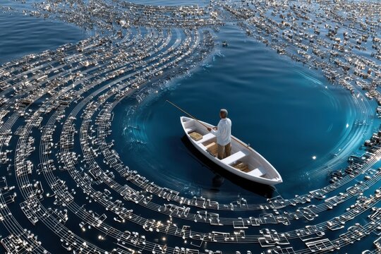 Fisherman in a boat casting line amidst swirling notes on tranquil blue water