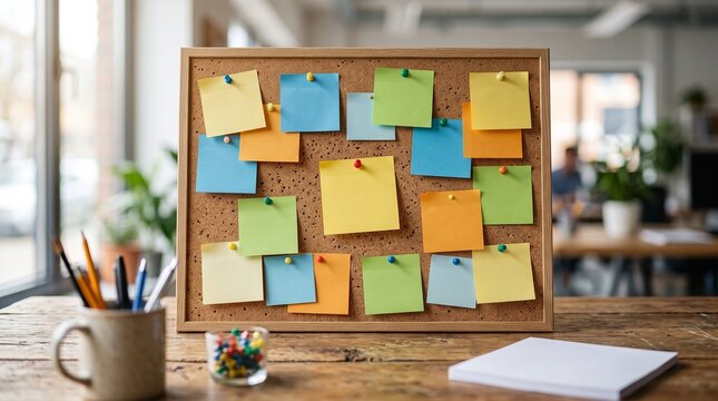 Colorful sticky notes on corkboard for reminders and brainstorming in office