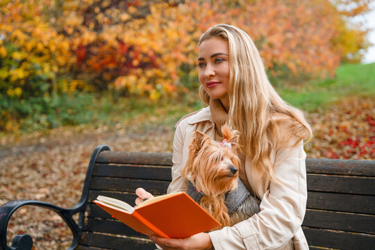 Woman sits on a park bench with a dog and reads a book during autumn in a colorful setting filled with fallen leaves