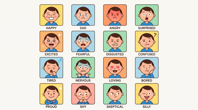 Set of human facial expressions. Cartoon boy showing various emotions and feelings.