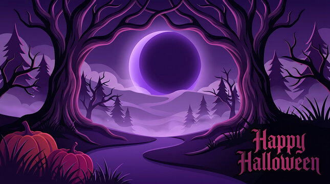 A purple halloween forest illustration features bare trees framing a large dark moon and pumpkins
