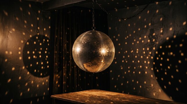 Disco ball hanging from ceiling with light reflections on dark wall and table