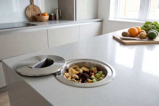 Kitchen countertop compost chute with open lid showing fresh organic food waste for recycling