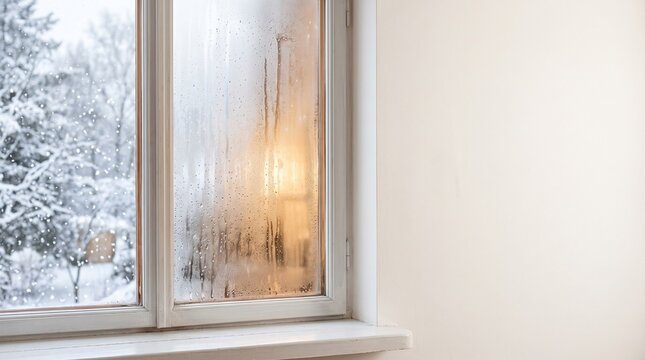 Warm sunlight shining through a foggy window with condensation on glass