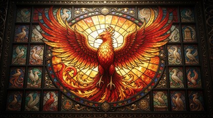 Obraz premium Phoenix bird art in stained glass window. Fiery bird mosaic with vibrant red orange yellow colors. Mythical creature artwork for decor and design.