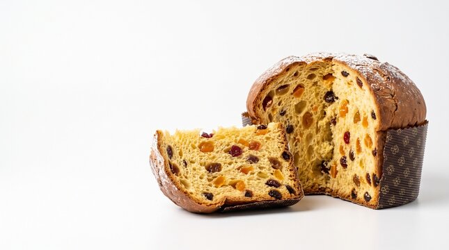 Traditional fruitcake with dried fruits and nuts on a white background