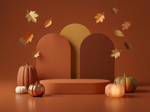 Autumn Pumpkin Podium Product Display Flying Leaves Arch Backdrop